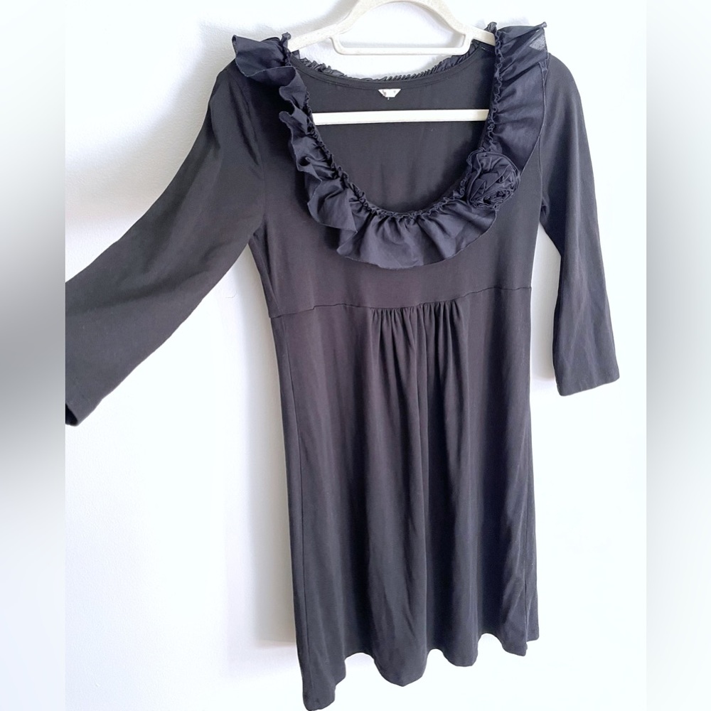 J. Crew Black Ruffle Dress w/ Empire Waist and A-Line Skirt in Soft Knit Fabric